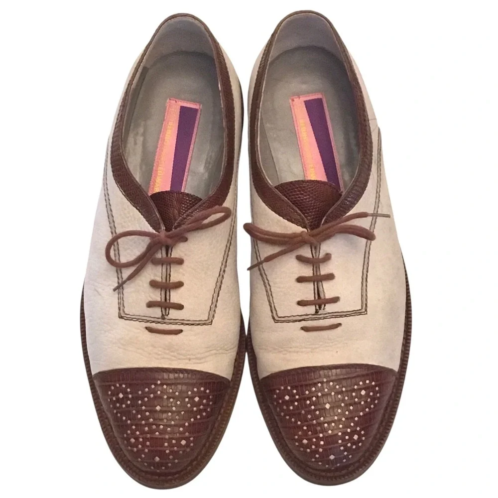 Vtg Susan Bennis Warren Edwards Leather Oxford Sz 10 Off White/Brown Cap Toe